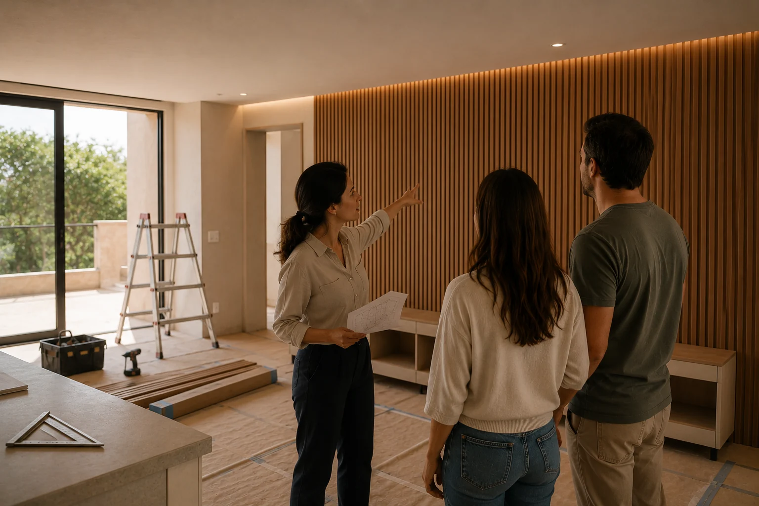 Arquiteta apresentando um projeto a um casal em uma obra residencial.