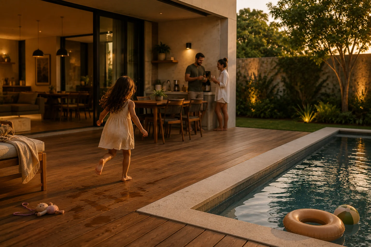 Família aproveitando um deck com piscina no fim da tarde.
